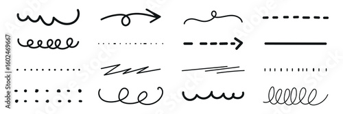 Collection of hand-drawn lines and arrows. Curved lines, straight lines, and arrows. Dotted lines, wavy lines, and zigzag lines. Arrows and lines for design. Black hand drawn elements, vector set.