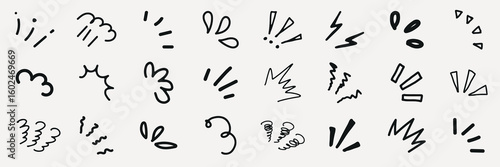 Collection of hand-drawn doodles and symbols. Includes various lines, shapes, and patterns. Doodles for creative design, sketching, and artistic projects. Black hand drawn elements, vector set.