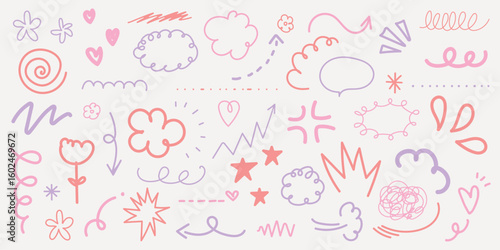 Colorful doodles in pink and purple. Swirls, clouds, arrows, and stars. Playful doodles, whimsical and fun. Pink and purple doodles for creative designs. Colorful doodle elements, vector set.