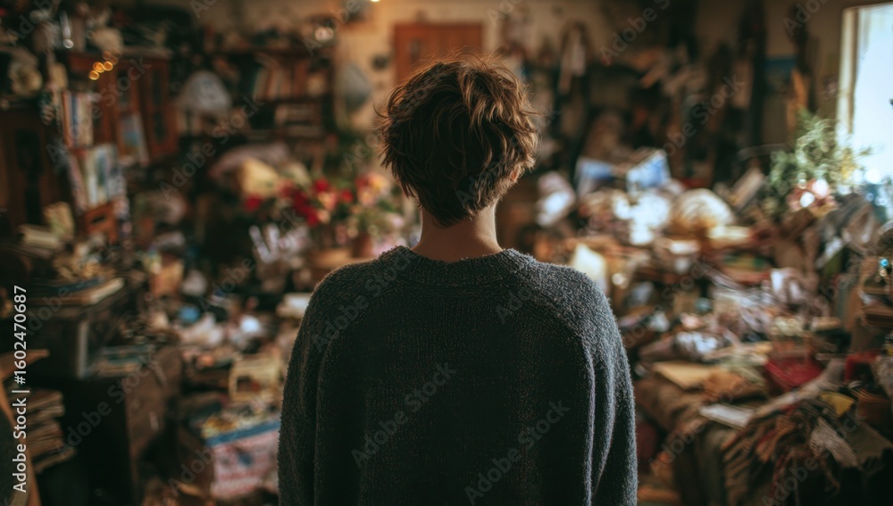 Naklejka premium A person stands overwhelmed in a cluttered room filled with personal belongings suggesting a feeling of anxiety and the challenges of hoarding.