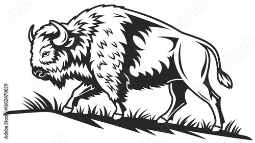 Vector Illustration of a Bison Standing on the Open Prairie in Natural Habitat