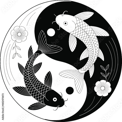Yin Yang symbol with black and white koi fish and flowers taijitu carp