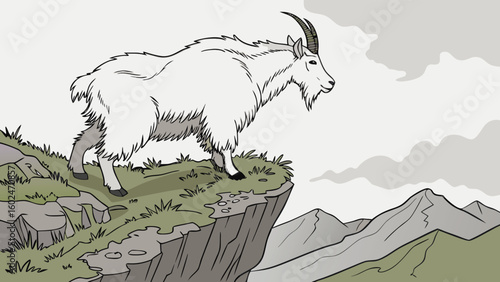 Vector Illustration of a Mountain Goat Standing on Cliff Edge in Rugged Terrain
