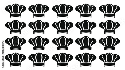 Black chef hats arranged in a grid pattern cook cooking
