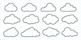 Grid with 12 cloud outlines. Simple cloud shapes, black outlines. Variety of cloud designs on a grid. Cloud patterns, minimalist cloud art. Weather illustration, vector set.
