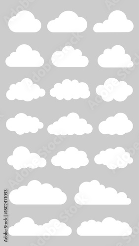 Set of 18 white cloud icons on a gray background. Cloud shapes vary in size and form. Perfect for weather apps, cloud graphics, and design projects. Weather illustration, vector set.