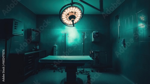 Eerie Surgical Room: Dramatic Lighting, Empty Table, Teal Tones, Medical Setting.