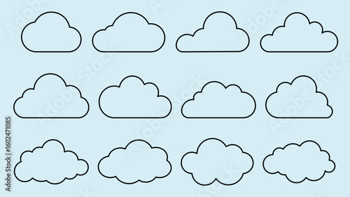 Set of 12 cloud outlines on a light blue background. Cloud shapes vary in size and style. Simple cloud design, perfect for weather-themed projects. Weather illustration, vector set.