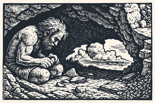 A prehistoric man crafts a stone tool in a cave. An illustration of early human evolution and survival in a vintage woodcut or linocut vector style.