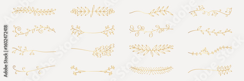 Vector set. Elegant gold floral dividers. Gold leaves and branches create delicate dividers. Perfect for invitations, gold-themed designs, and elegant decorations. Hand drawn ornament vector set.