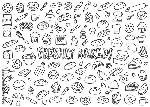 Fresh Bakery doodle icons compilation set.  Vector doodle illustration set for web, t-shirt design, other graphic design use