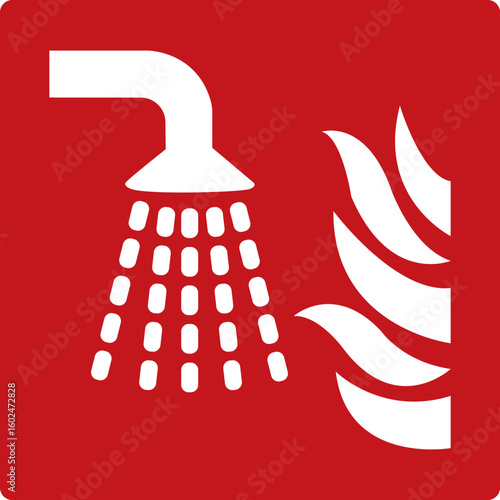 Water spray device. Red sign. Fire fighting equipment sign. Area or location of a device that sprays water in the form of droplets or a fine mist when the fire alarm is triggered. Sprinkler.