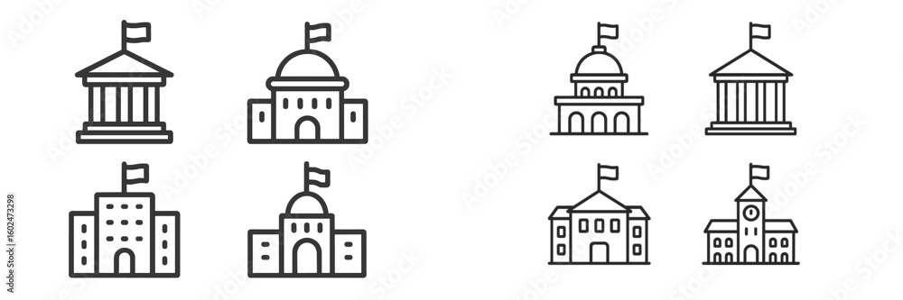 Collection of building icons featuring flags and different architectural styles suitable for educational or design purposes Collection of building icons featuring flags and different architectural styles suitable for educational or design purposes
