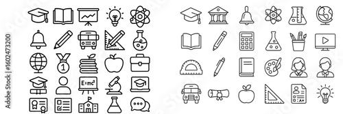 Collection of educational icons representing various subjects and activities for learning and schooling at any time