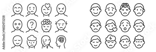 Various facial expressions illustrating a range of emotions in simple line drawing style