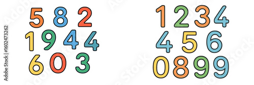 Colorful numerical arrangement of digits displayed on a white background illustrating various combinations and styles