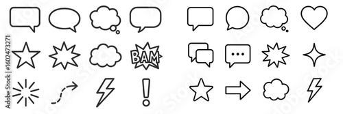 Creative collection of speech bubbles and action words used for comics and graphic design in black outline