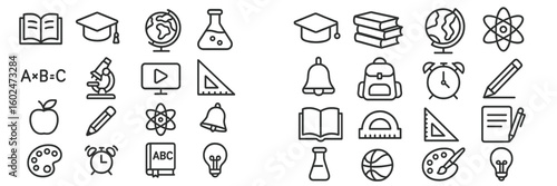 Learning tools and symbols represented in a simple black and white design focused on education and academic themes
