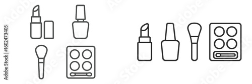 Collection of simple line art depicting cosmetics and makeup tools on a neutral background