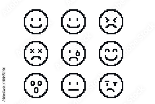 Collection of simple pixelated emoticons representing various emotions and reactions displayed on a plain background