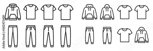 Collection of casual clothing including hoodies, t-shirts, and joggers arranged neatly for display