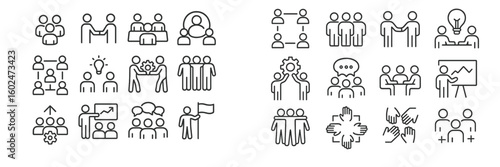 Collaborative teamwork icons illustrating various group activities and interactions in a professional setting