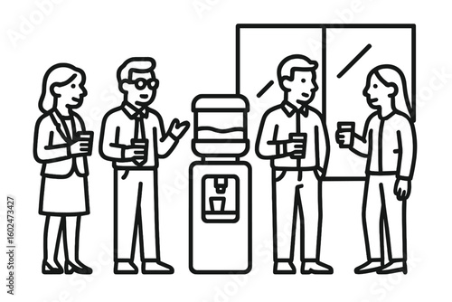 Group of business professionals engaging in conversation near a water cooler in an office environment during working hours