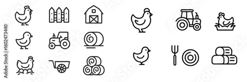 Collection of farm icons depicting chickens, tractors, and hay bales representing rural life and agriculture activities