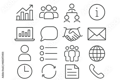 Collection of business and communication icons representing teamwork, data analysis, and process management