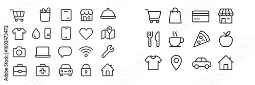 Icon collection featuring shopping, food, and everyday activities in minimalist design
