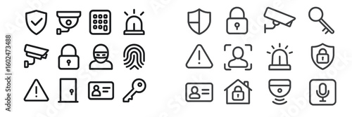 Collection of security-related icons depicting surveillance, access control, and alert systems for safety applications