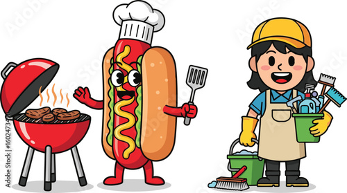 Hot dog mascot grilling burgers, cleaning lady with supplies, cartoon BBQ scene, summer cookout characters, vector illustration, fun outdoor party, family gathering concept