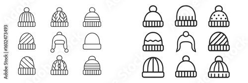 Various winter hats showcased in a minimalistic style over a white background