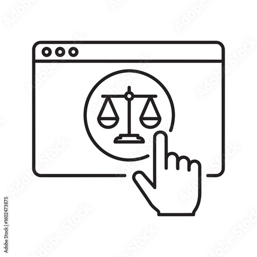 Online legal service icon with cursor on justice scales in browser for cyber law digital auction or virtual law firm and e-justice system