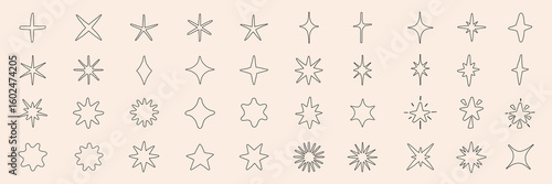 Collection of hand-drawn star icons. Various star designs in black and white. Simple star shapes, decorative star elements, and minimalist star illustrations. Element vector set.