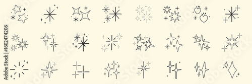 Collection of hand-drawn star icons. Various star designs in black and white. Simple star shapes, decorative star elements, and minimalist star illustrations. Element vector set.