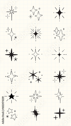 Collection of hand-drawn star icons. Various star designs in black and white. Simple star shapes, decorative star elements, and minimalist star illustrations. Element vector set.