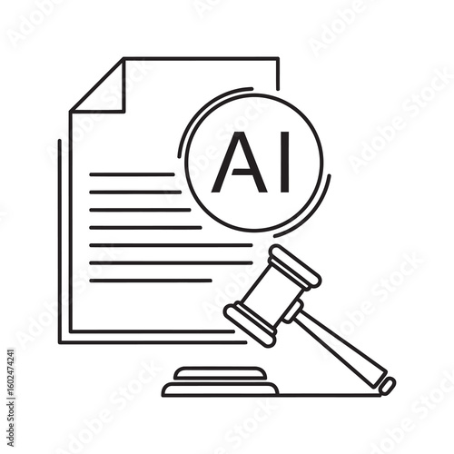 AI regulation icon with a legal document and gavel representing laws for artificial intelligence machine learning ethics and digital justice policy