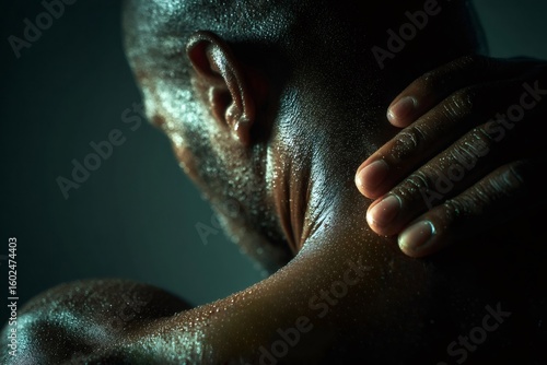 Close up of a sweaty athlete touching his neck after an intense training session, highlighting the physical exertion and dedication of sports