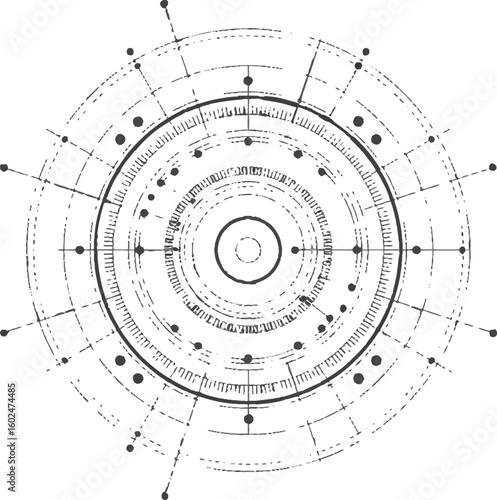 high tech futurist hud overlay design featuring concentric rings, dots, data panels and geometric digital background
