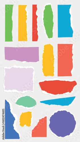 Colorful torn paper shapes in various sizes and colors, including red, green, yellow, and purple. Torn paper edges create a textured, artistic look. Colorful element vector set.