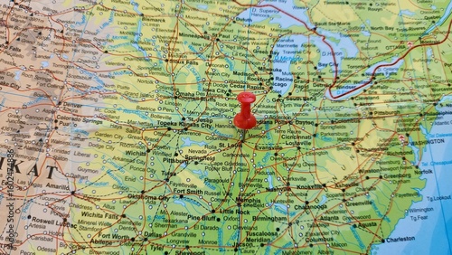View of St. Louis, County in Missouri, United States, on a geographical map of America, marked with red push pin