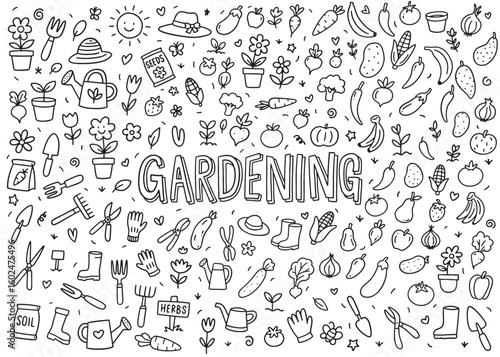 Gardening doodle icons compilation set.  Vector doodle illustration set for web, t-shirt design, other graphic design use