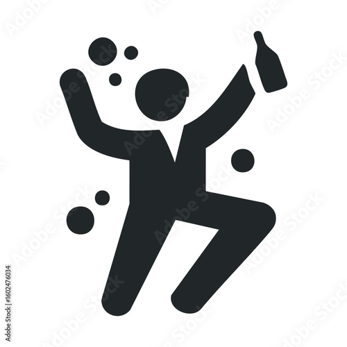 Black silhouette of jumping person with raised arms and dots exploding
