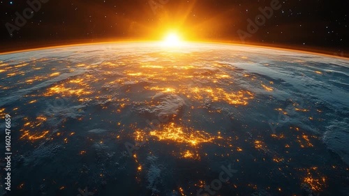 Sunrise over Earth: A breathtaking aerial view of planet Earth, illuminated by the golden light of sunrise, showcasing a mesmerizing fusion of celestial and terrestrial elements.