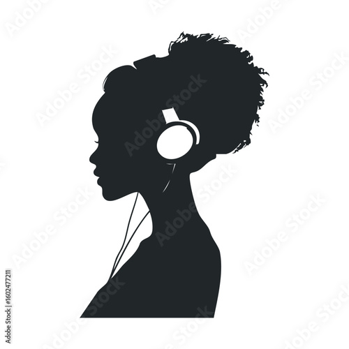 Silhouette of african female with headphones facing sideways