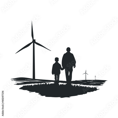 Silhouette of two people holding hands near wind turbines on grassy landscape