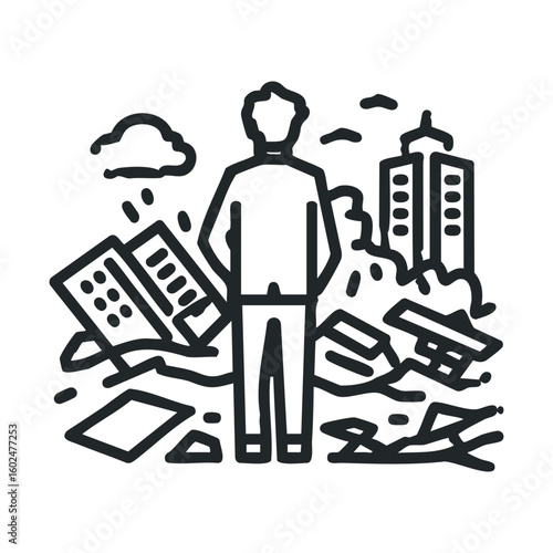Male analyzing urban destruction and debris with collapsed buildings
