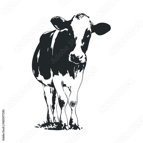 Black and white illustration of a young cow standing on grass