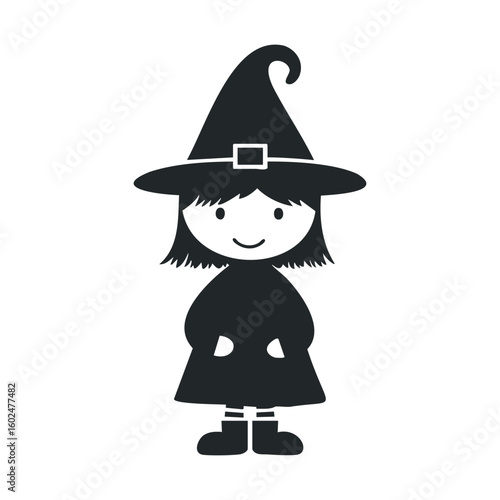 Simple halloween witch icon: female child in cartoon style with hat
